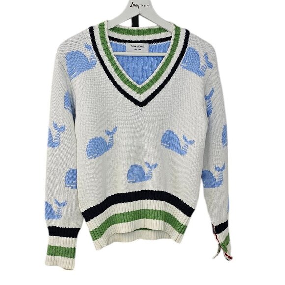Thom Browne Womens V-Neck Whale Knit Cotton Sweater, Striped, Size 36 - Picture 1 of 11